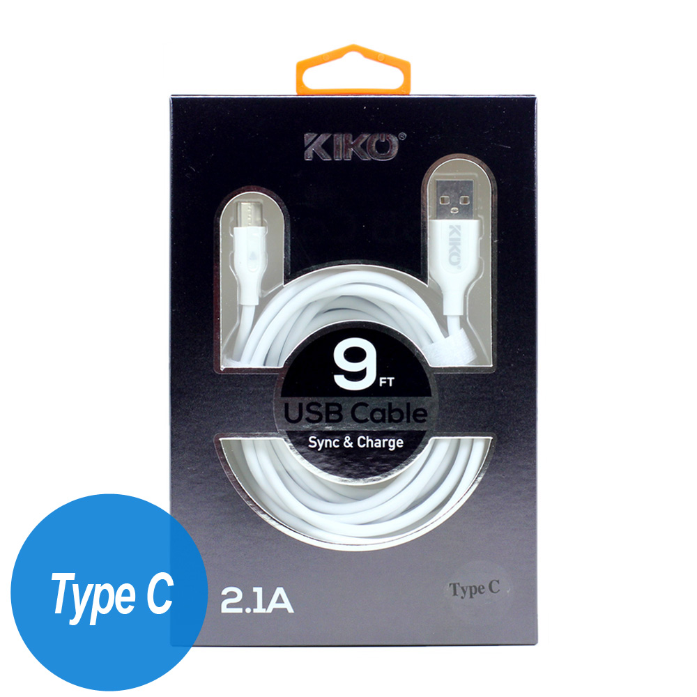 Type C 2.1A Tuff USB Cable with Premium Package 9FT (White)